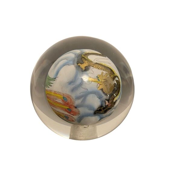 Other - Chinese Reverse Hand Painted Dragon Paperweight 2.5" Blue Gold